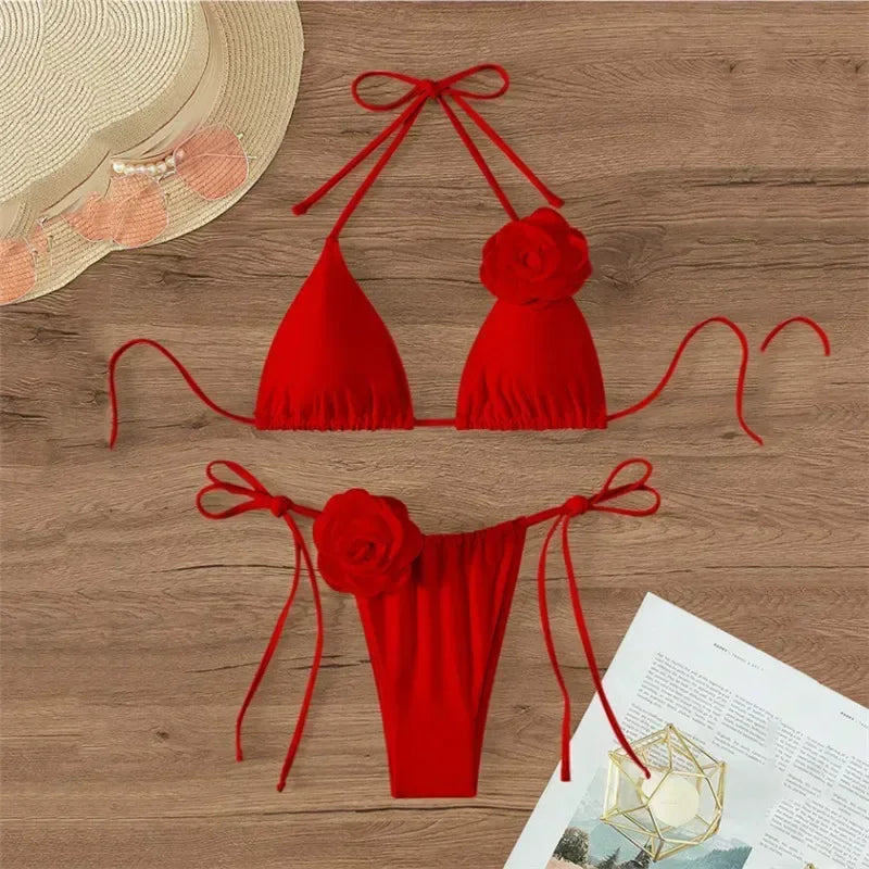 Flower Bandeau Swimwear Thong Bikini Lace-up Swimsuit Swimming Bathing Suit Brazilian Bikinis Sets