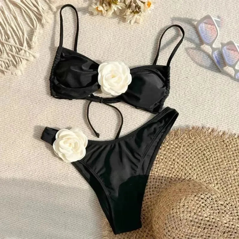 Flower Bandeau Swimwear Thong Bikini Lace-up Swimsuit Swimming Bathing Suit Brazilian Bikinis Sets