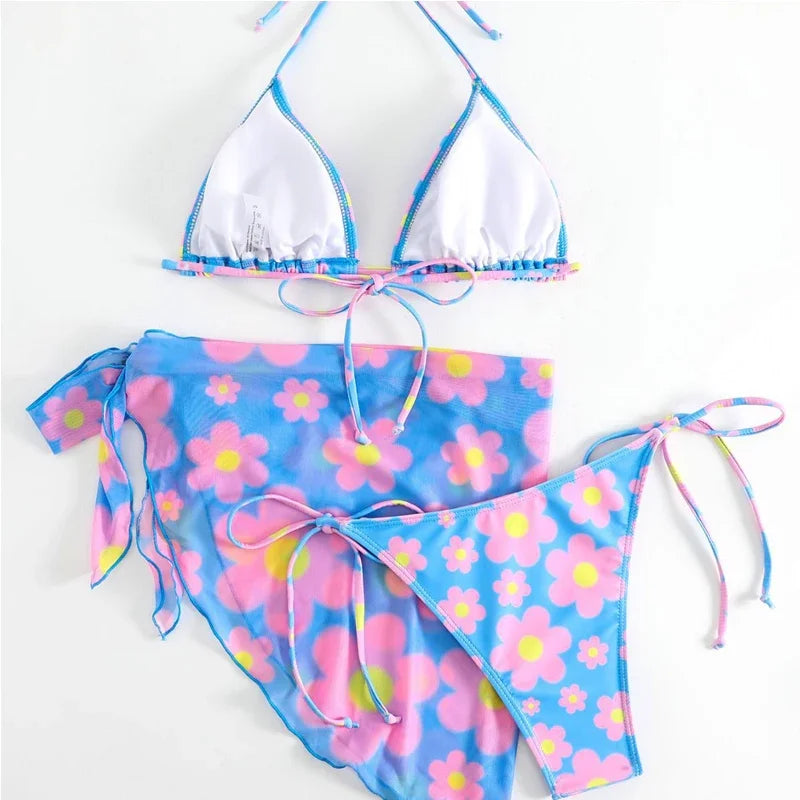 Flower Print Low Waist Swimsuit 3-Piece Bikini Triangle Cup V-neck Suspender Backless Beach Bathing Suit 2026