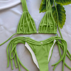 Green Bikini Braiding Rope Bandage Push Up Tassel Shell Thong Swimsuit Bathing Suit Two Piece Swimwear