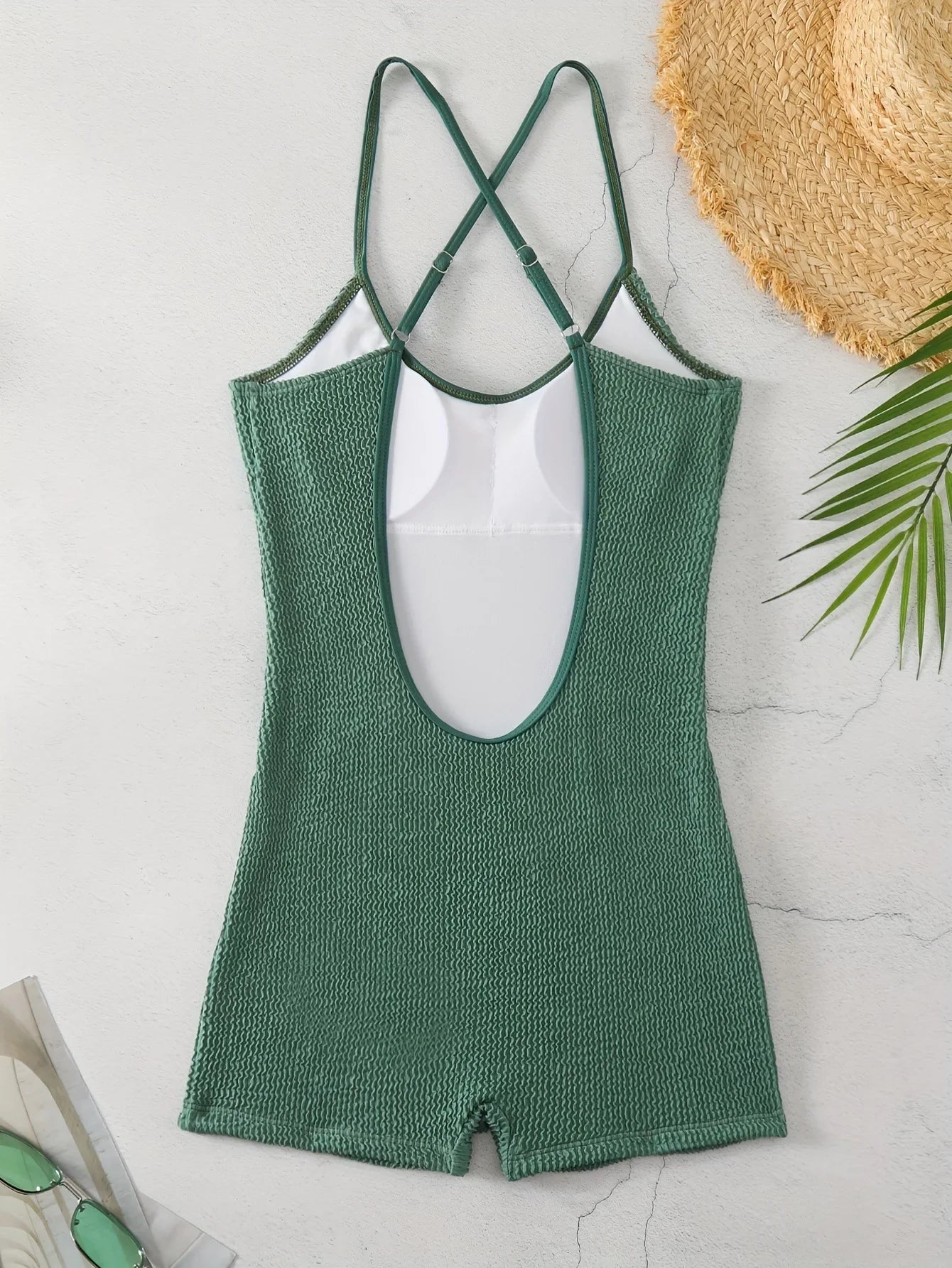 Green Black One Piece Swimsuit Pleate Hollow Out Backless Swimwear Beach Bathing Suit Vacation Monokini