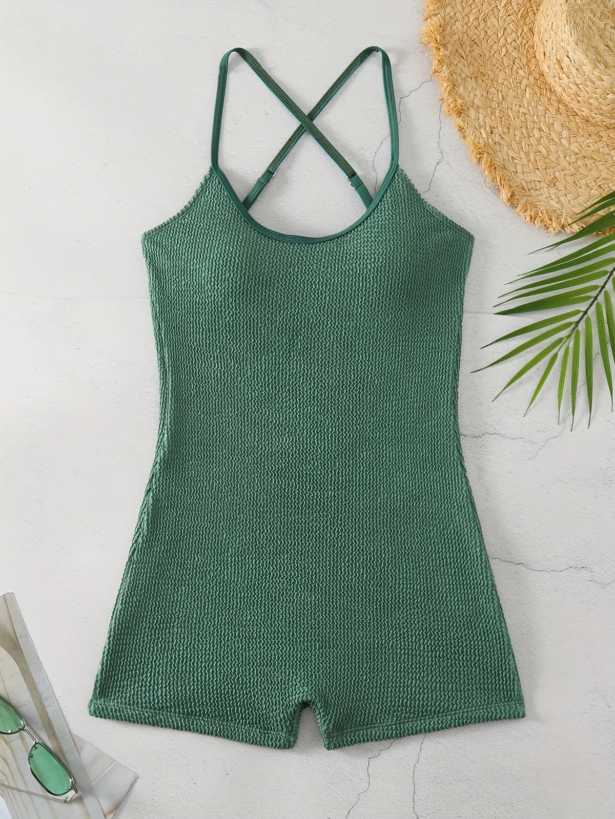 Green Black One Piece Swimsuit Pleate Hollow Out Backless Swimwear Beach Bathing Suit Vacation Monokini