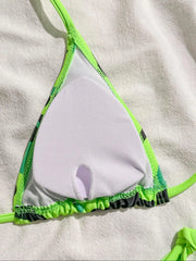 Green Camouflage Print Micro Bikini Halter Push Up Tie Side Thong Swimsuit Brazilian Beach Bathing Suit Swimwear