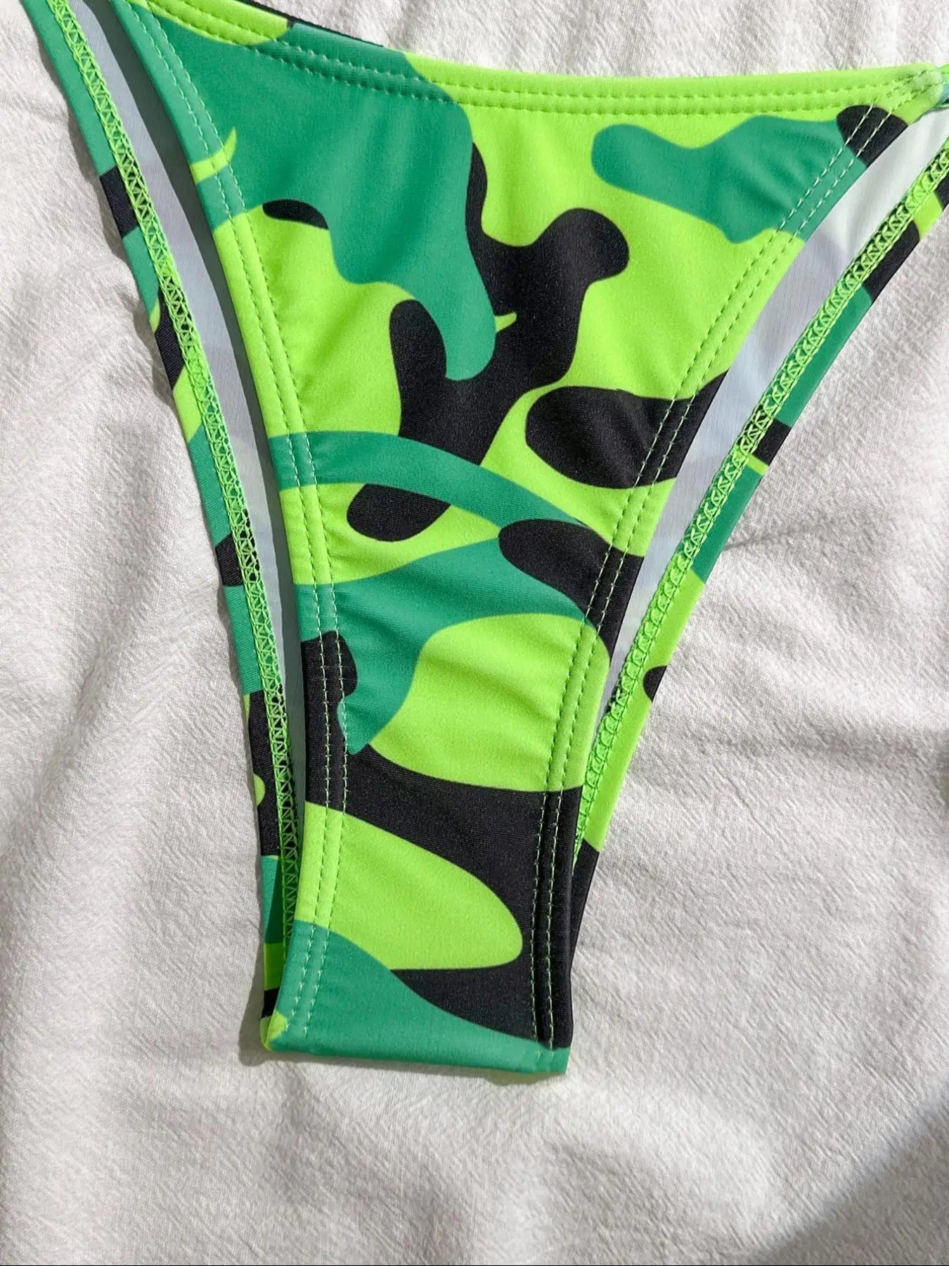 Green Camouflage Print Micro Bikini Halter Push Up Tie Side Thong Swimsuit Brazilian Beach Bathing Suit Swimwear