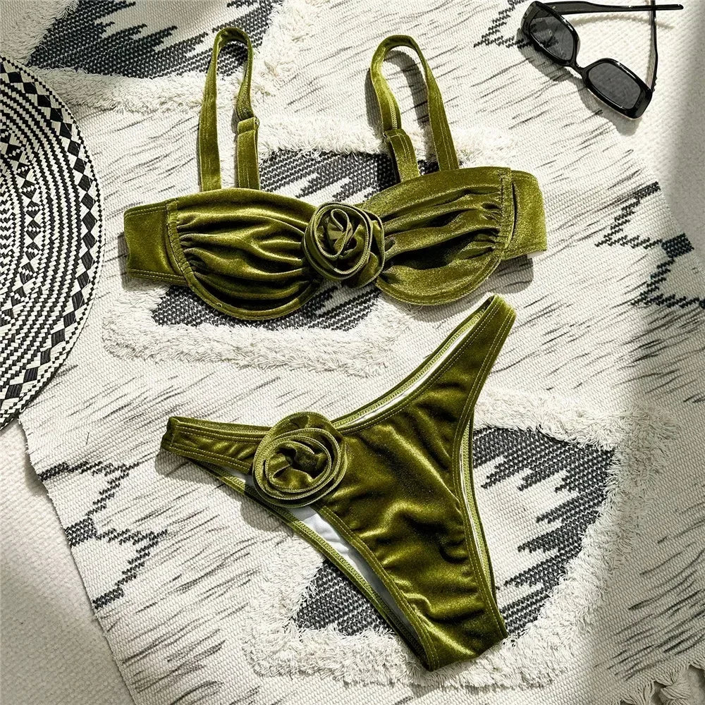 Green Velvet 3D Flower Swimwear Push Up Bikinis Sets