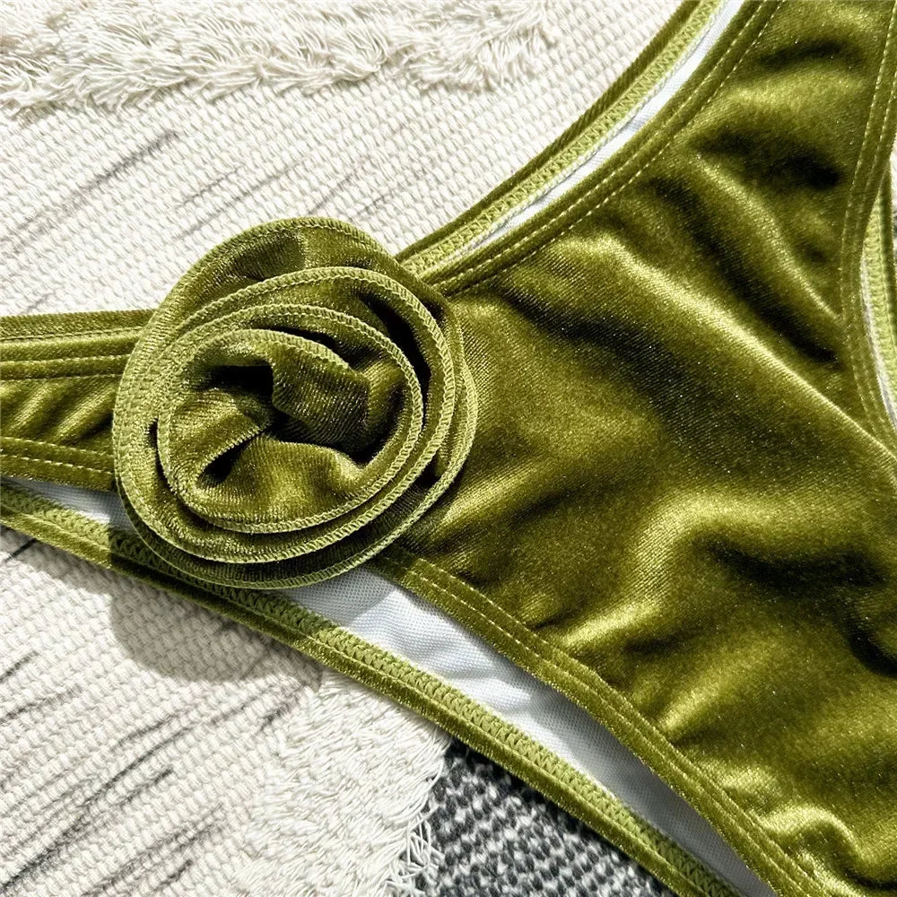 Green Velvet 3D Flower Swimwear Push Up Bikinis Sets