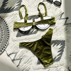 Green Velvet 3D Flower Swimwear Push Up Bikinis Sets