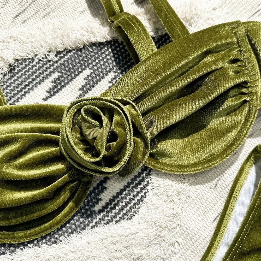 Green Velvet 3D Flower Swimwear Push Up Bikinis Sets