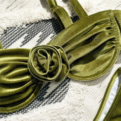 Green Velvet 3D Flower Swimwear Push Up Bikinis Sets