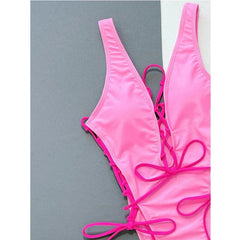 Hollow Out Swimwear Pink  V-neck One Piece Bikini Bandage Cross Drawstring Monokini Suspender Backless Beachwear