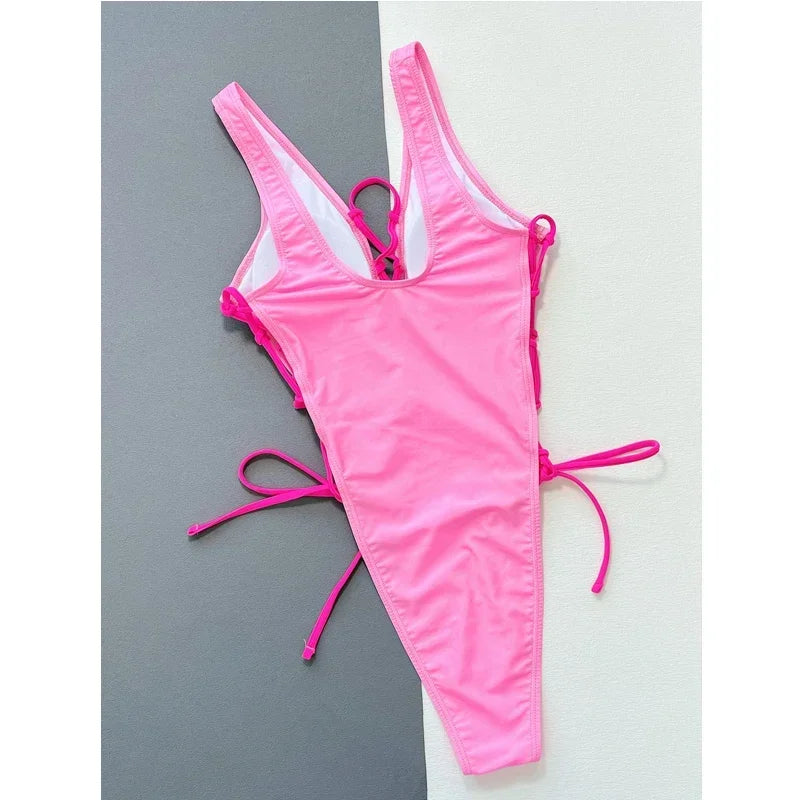 Hollow Out Swimwear Pink  V-neck One Piece Bikini Bandage Cross Drawstring Monokini Suspender Backless Beachwear