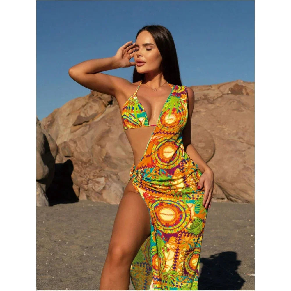 Leopard 3-piece Swimsuit Sunscreen Mesh Split Bikini Long Beachskirt Triangle Cup Halter Backless Bathing Suit