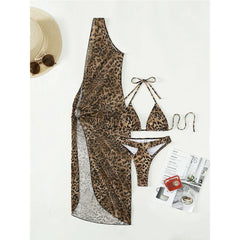 Leopard 3-piece Swimsuit Sunscreen Mesh Split Bikini Long Beachskirt Triangle Cup Halter Backless Bathing Suit