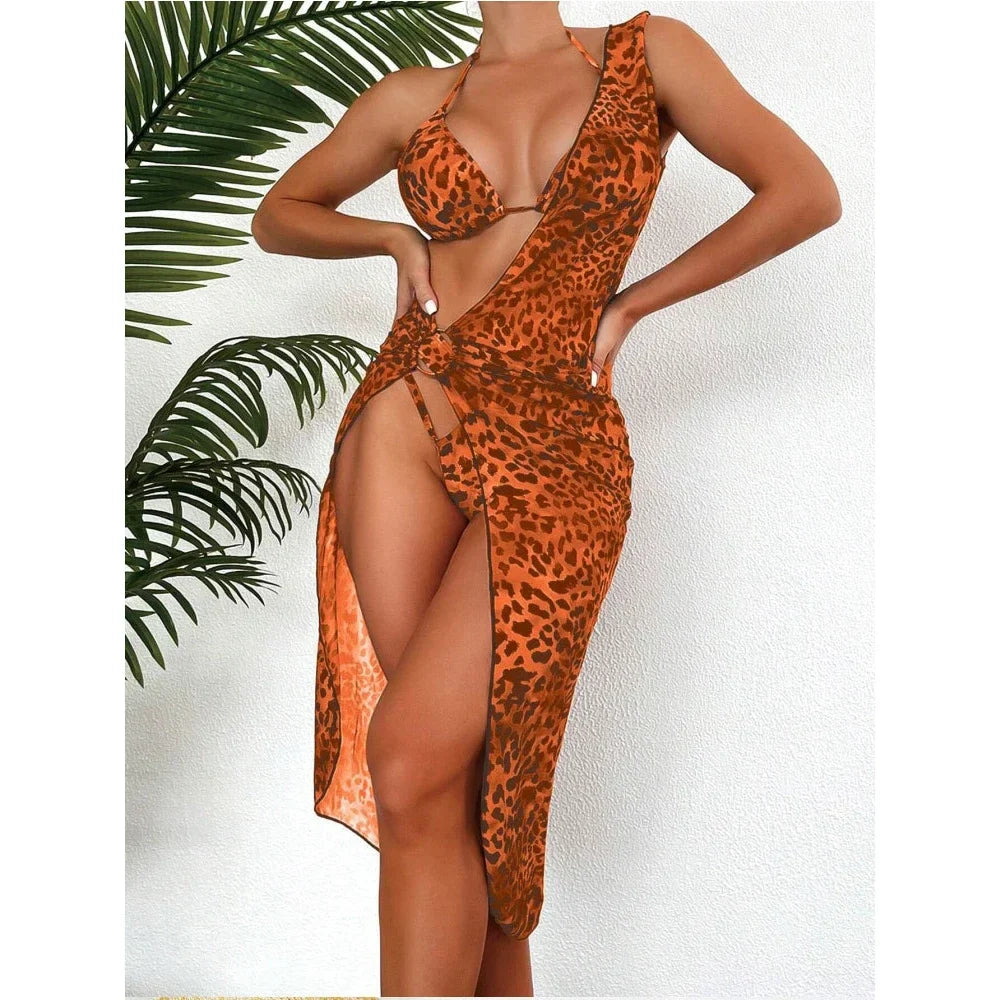 Leopard 3-piece Swimsuit Sunscreen Mesh Split Bikini Long Beachskirt Triangle Cup Halter Backless Bathing Suit