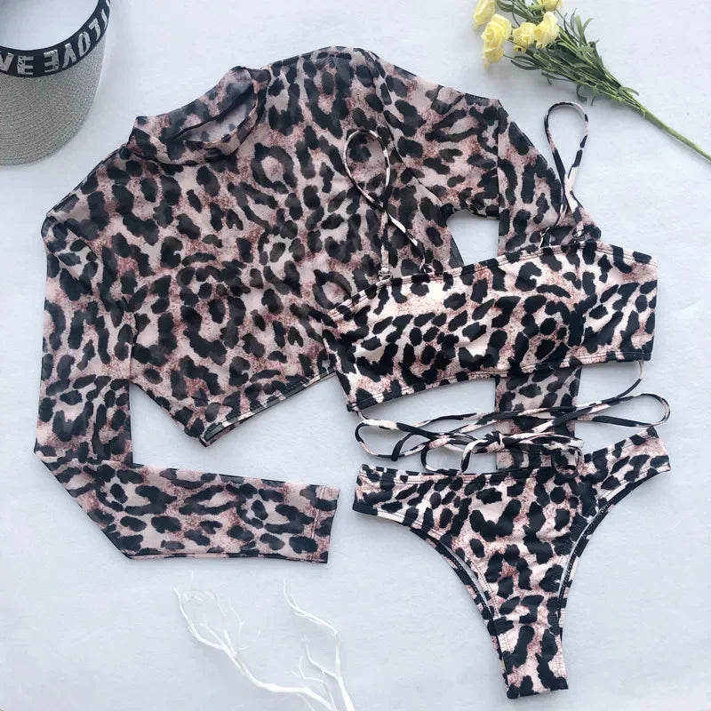 Leopard Print Swimwear with Mesh Crop Tops Micro Thong Bikinis Set