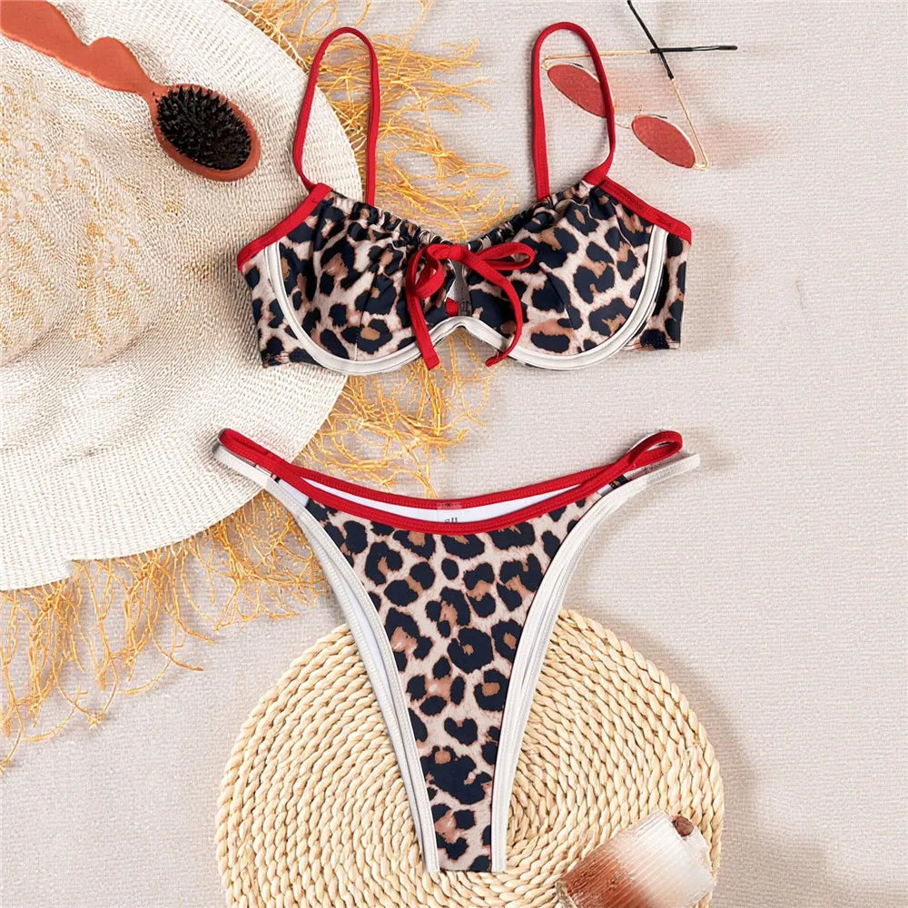 Leopard Print Swimwears Push Up Bikini Triangle Thong Swimsuit Woman String Bathing Suit Brazilian Bikinis Sets