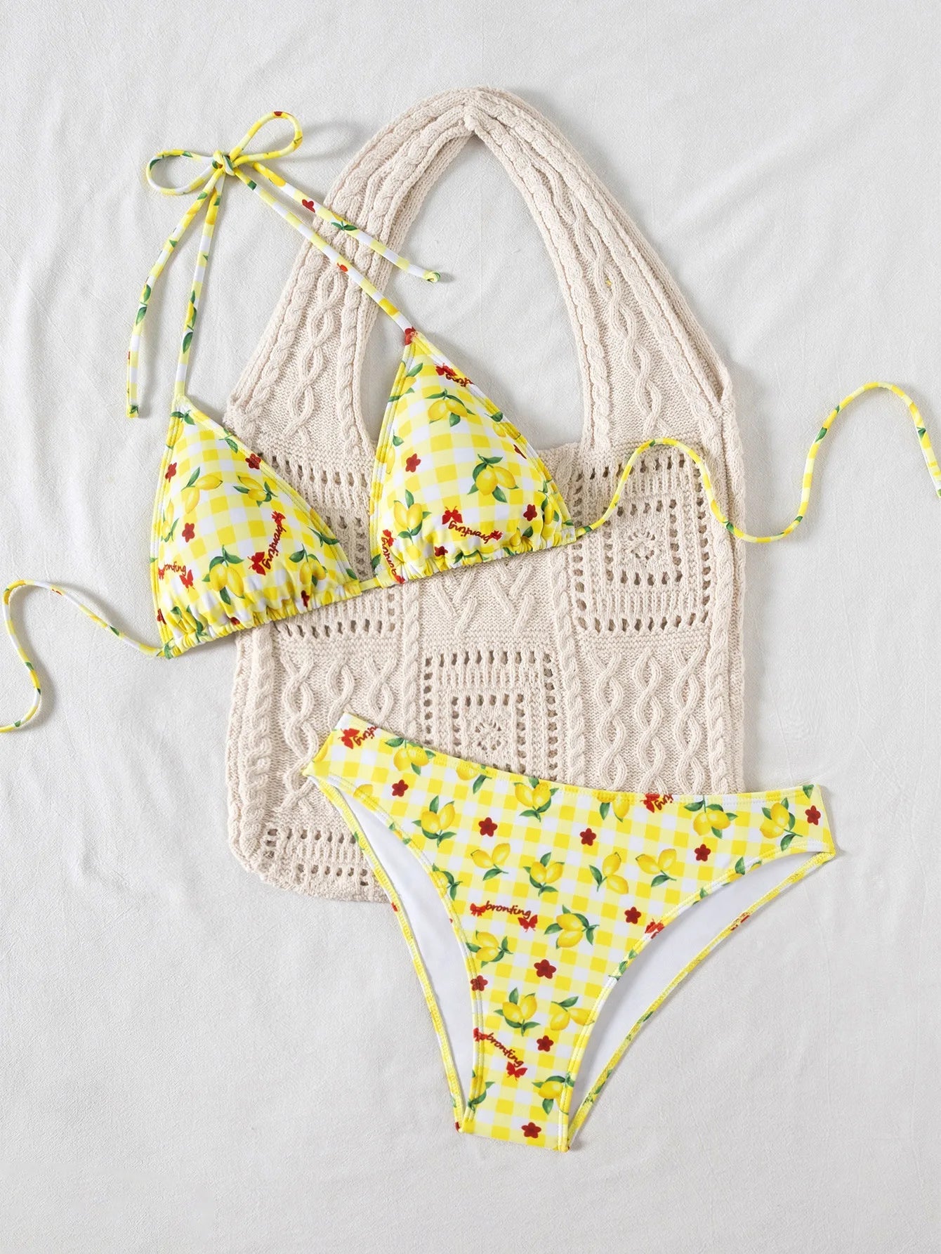 Leopard Print Two Piece Swimsuit Halter Push Up Bra Backless High Waist Bikini Set