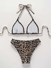 Leopard Print Two Piece Swimsuit Halter Push Up Bra Backless High Waist Bikini Set