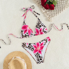 Leopard Print Two Piece Swimsuit Halter Push Up Bra Backless High Waist Bikini Set