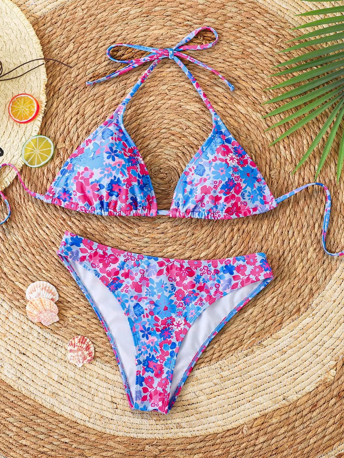 Leopard Print Two Piece Swimsuit Halter Push Up Bra Backless High Waist Bikini Set