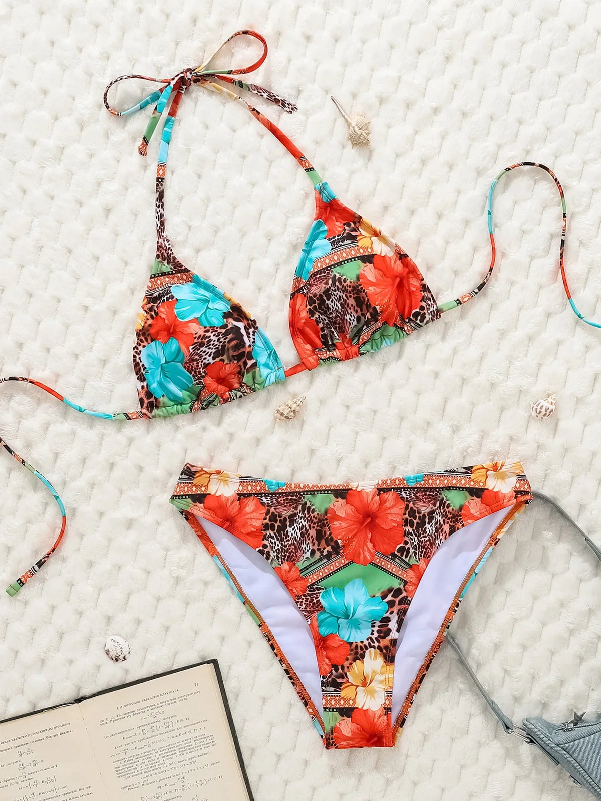 Leopard Print Two Piece Swimsuit Halter Push Up Bra Backless High Waist Bikini Set