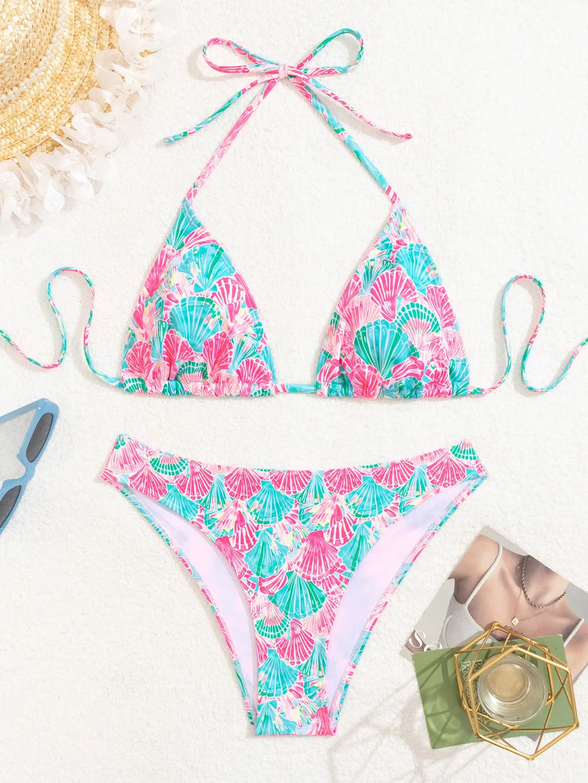 Leopard Print Two Piece Swimsuit Halter Push Up Bra Backless High Waist Bikini Set