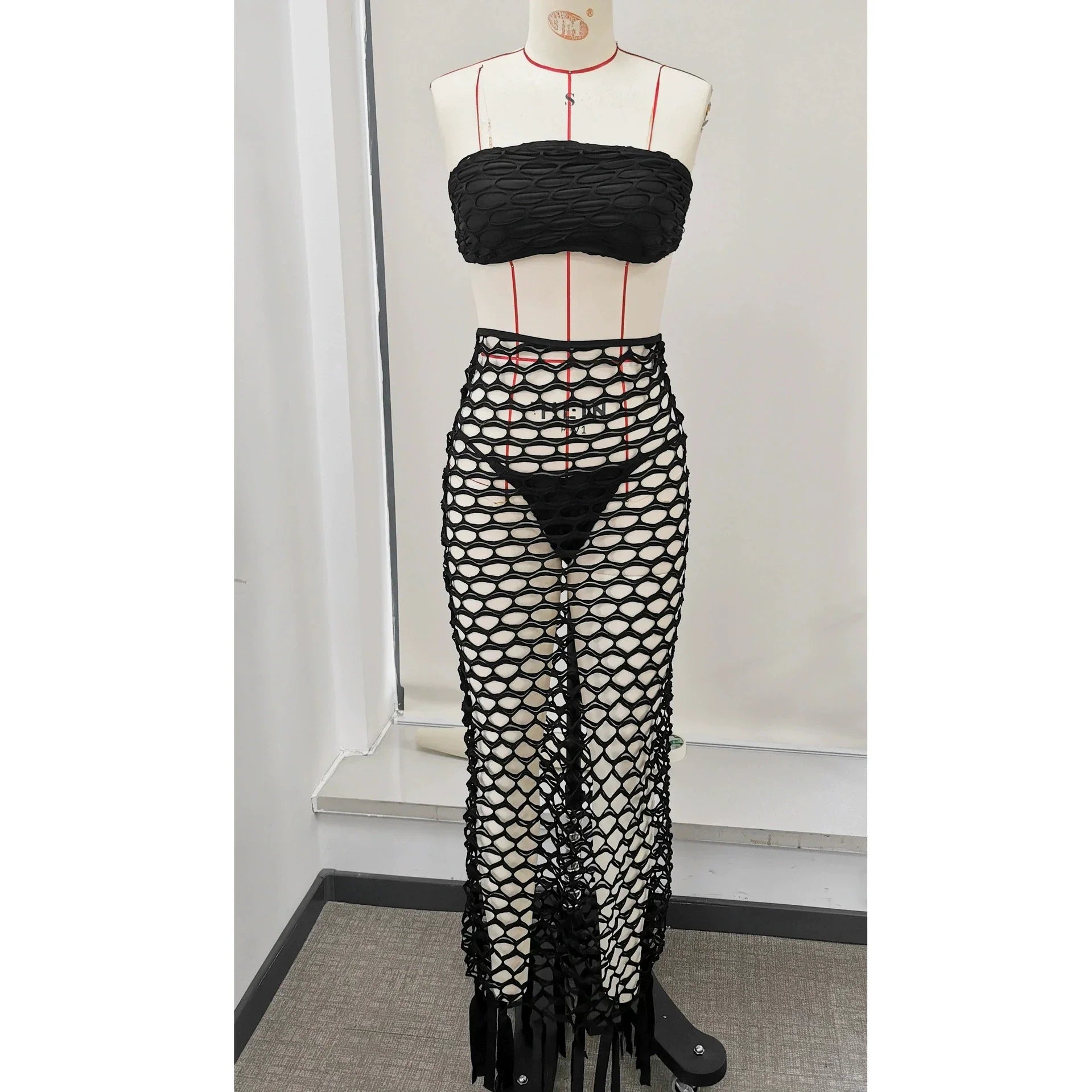 Mesh Long Skirt 3 Piece Bikini Black Bandeau Hollow Bandage Push Up Thong Swimsuit Beach Bathing Suit Swimwear