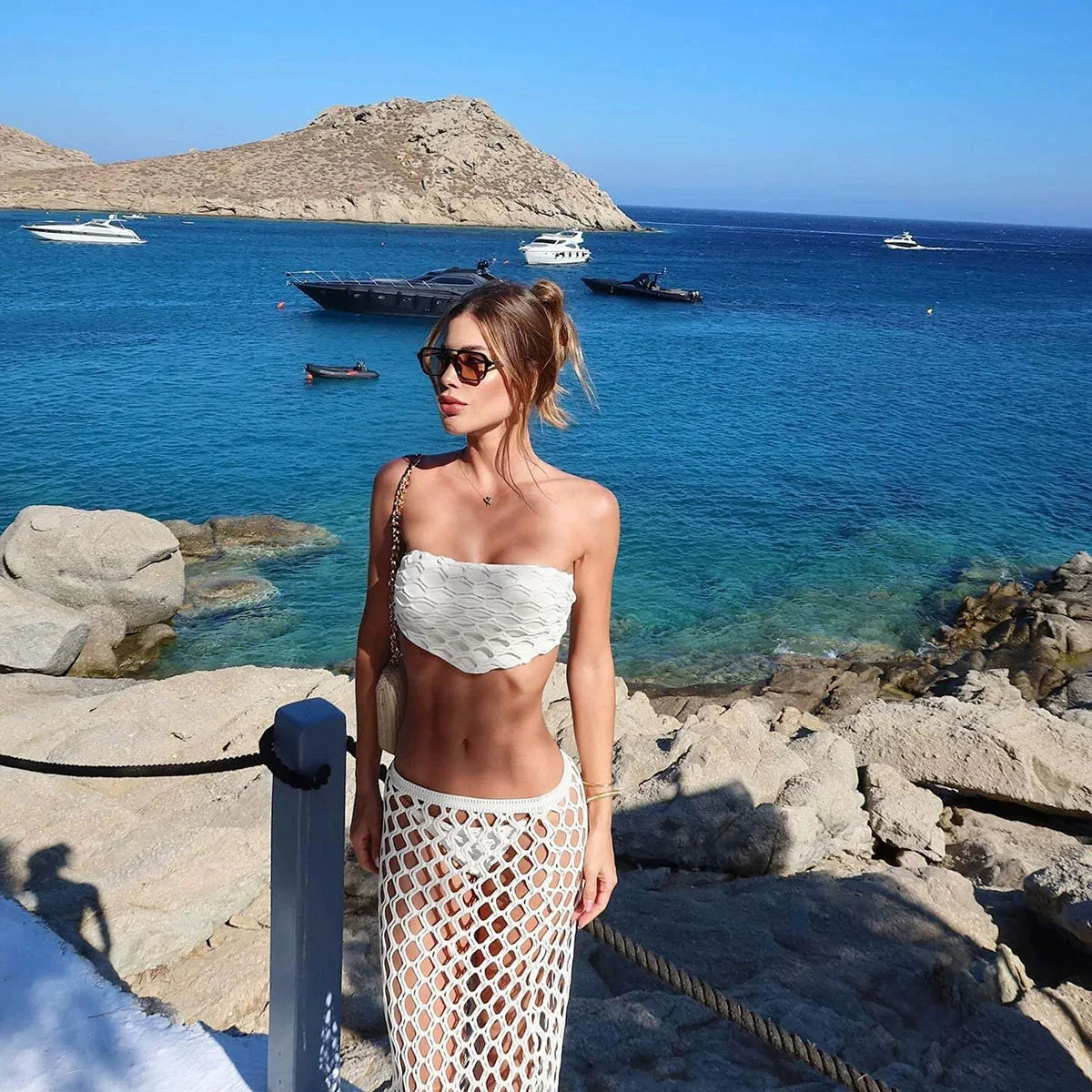 Mesh Long Skirt 3 Piece Bikini Black Bandeau Hollow Bandage Push Up Thong Swimsuit Beach Bathing Suit Swimwear