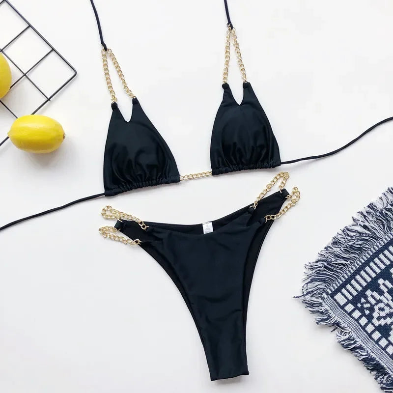 Micro Bikini Solid Black Push Up Bra Chain Metal Strap Swimsuit Brazilian Beach Bathing Suit Thong Swimwear Biquini