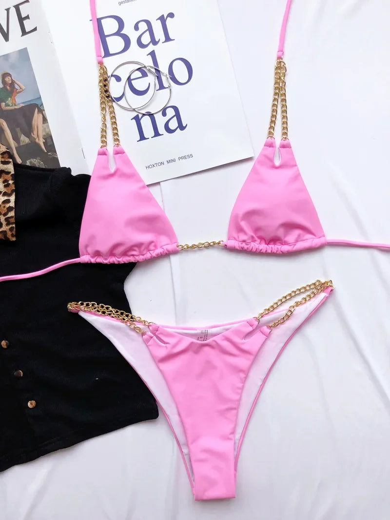 Micro Bikini Solid Black Push Up Bra Chain Metal Strap Swimsuit Brazilian Beach Bathing Suit Thong Swimwear Biquini