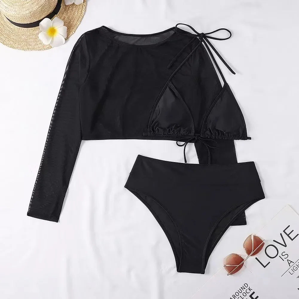 Neon orange Bikini Long Sleeve Mesh Cover Up 3 Piece Swimsuit High Cut Push Up Bathing Suit high waist Swimwear