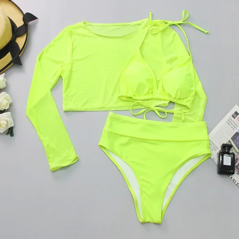 Neon orange Bikini Long Sleeve Mesh Cover Up 3 Piece Swimsuit High Cut Push Up Bathing Suit high waist Swimwear