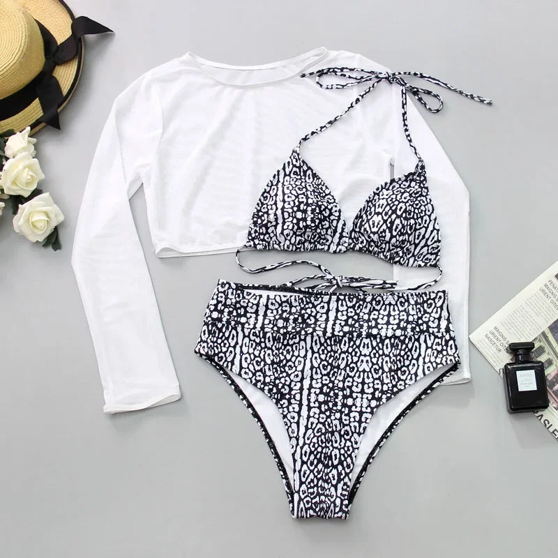 Neon orange Bikini Long Sleeve Mesh Cover Up 3 Piece Swimsuit High Cut Push Up Bathing Suit high waist Swimwear