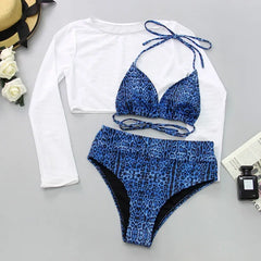Neon orange Bikini Long Sleeve Mesh Cover Up 3 Piece Swimsuit High Cut Push Up Bathing Suit high waist Swimwear