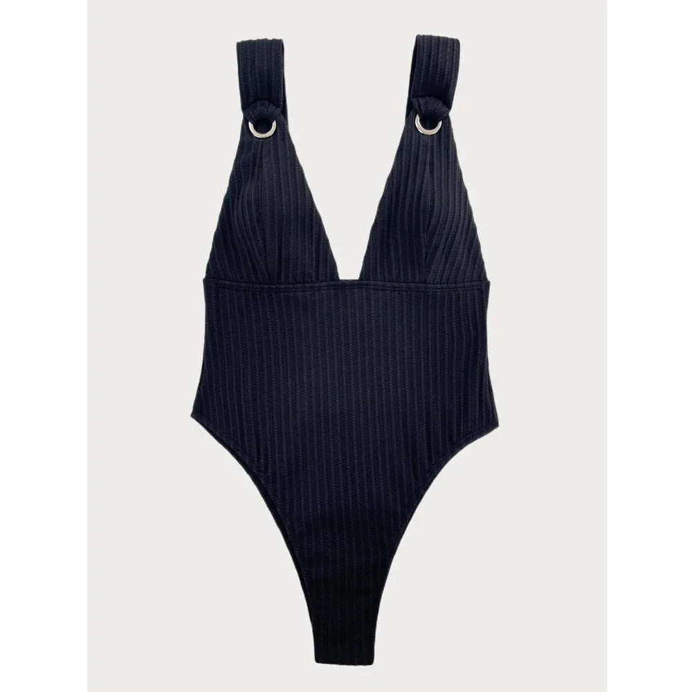 One-Piece Swimsuit Solid Color V-neck Bikini Halter Backless Slim Swimwear High Waist Monokini Beachwear