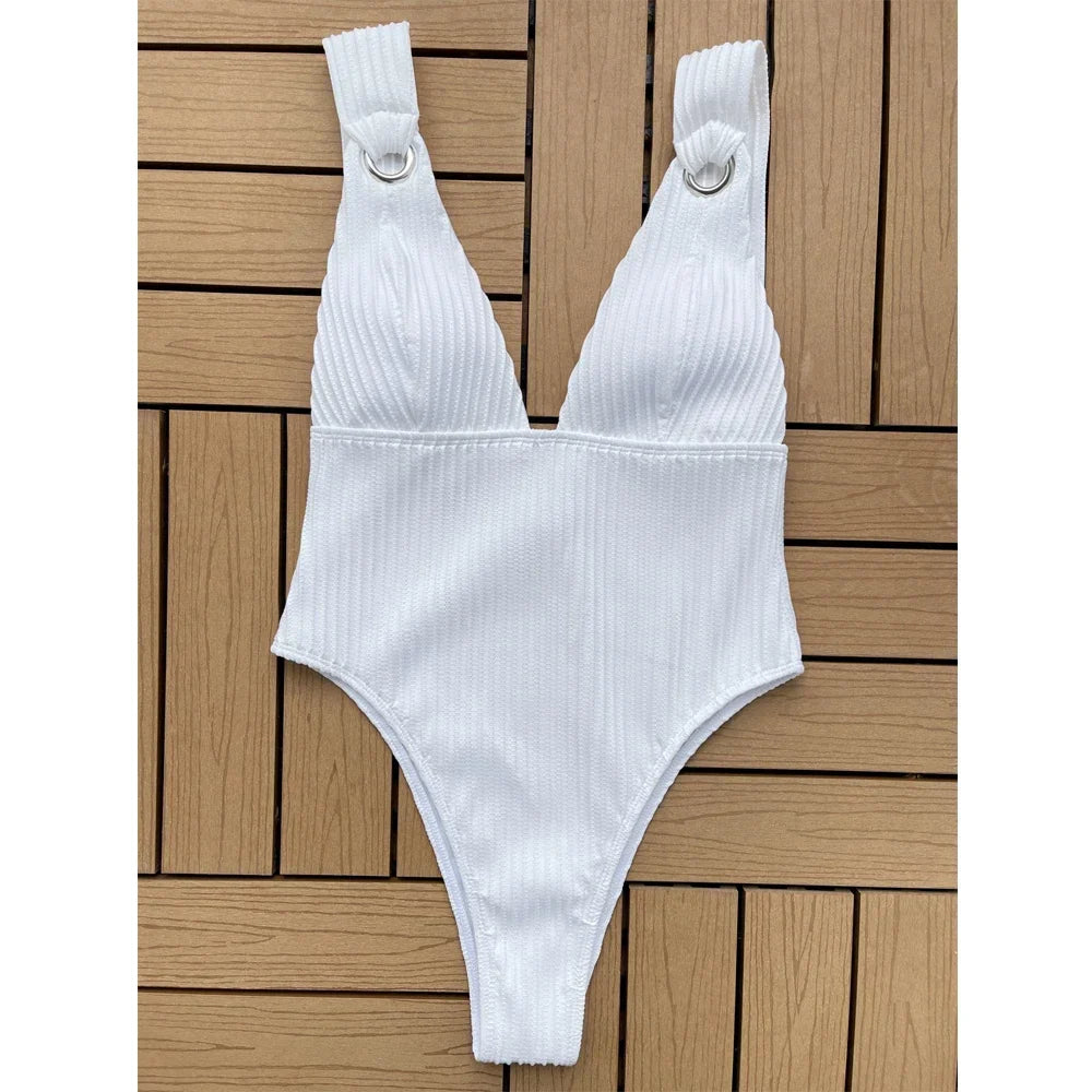One-Piece Swimsuit Solid Color V-neck Bikini Halter Backless Slim Swimwear High Waist Monokini Beachwear