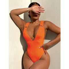 One-Piece Swimsuit Solid Color V-neck Bikini Halter Backless Slim Swimwear High Waist Monokini Beachwear