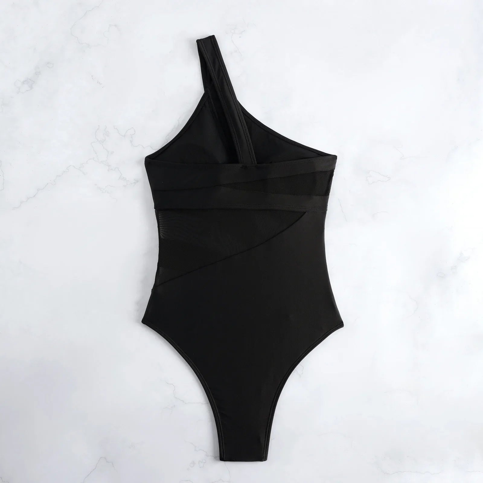 One Shoulder Swimwear Black Mesh See Through Slim Tummy Control One Piece Swimsuit Beach Holiday Bathing Suits