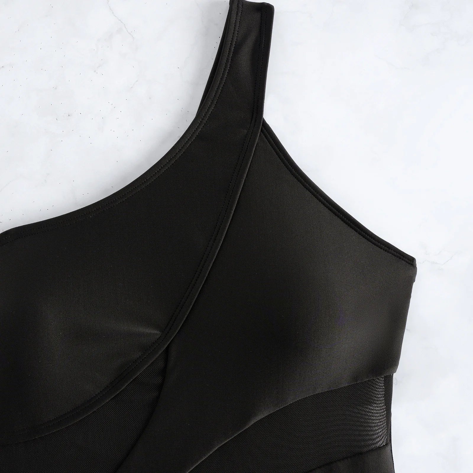 One Shoulder Swimwear Black Mesh See Through Slim Tummy Control One Piece Swimsuit Beach Holiday Bathing Suits