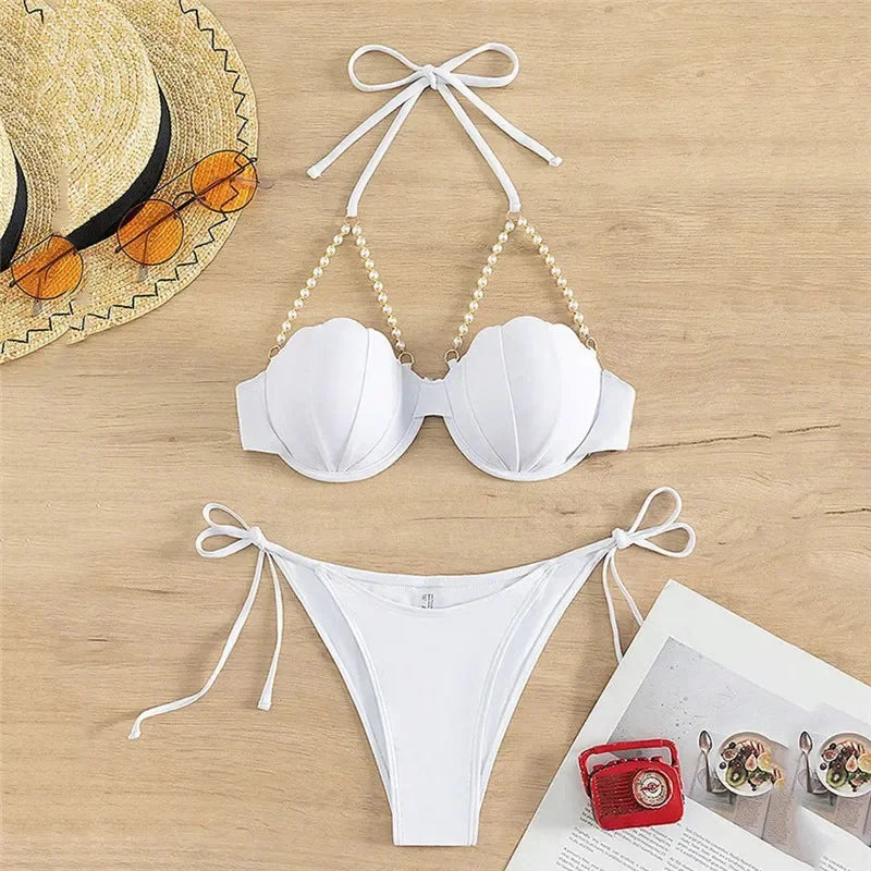 Pearl Shell High Waisted Bikinis Sets