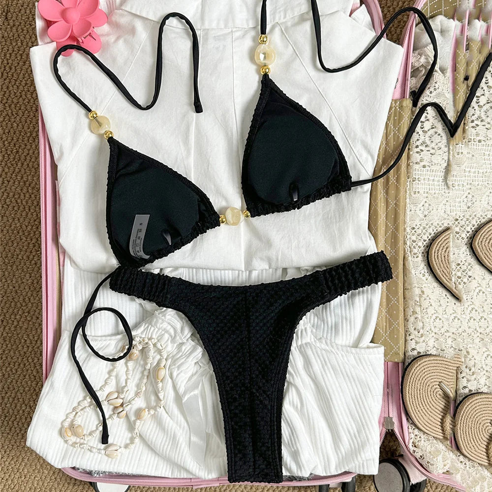Pink Bead String Halter Triangle Bikinis Sets