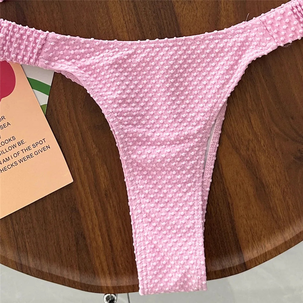 Pink Bead String Halter Triangle Bikinis Sets