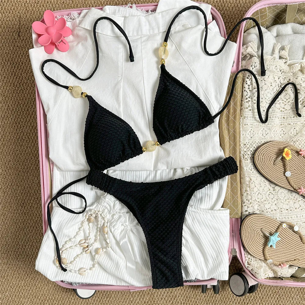 Pink Bead String Halter Triangle Bikinis Sets