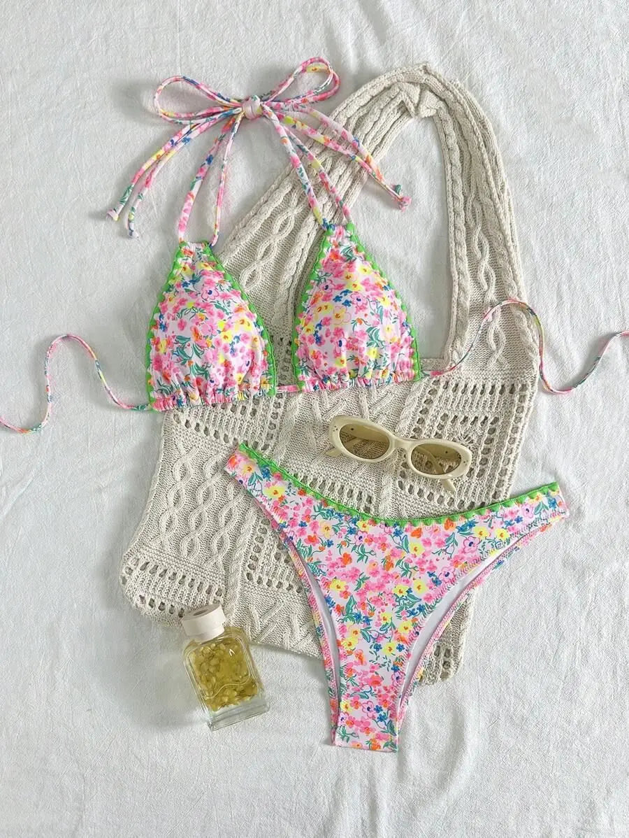 Pink Floral Print Bikini Set