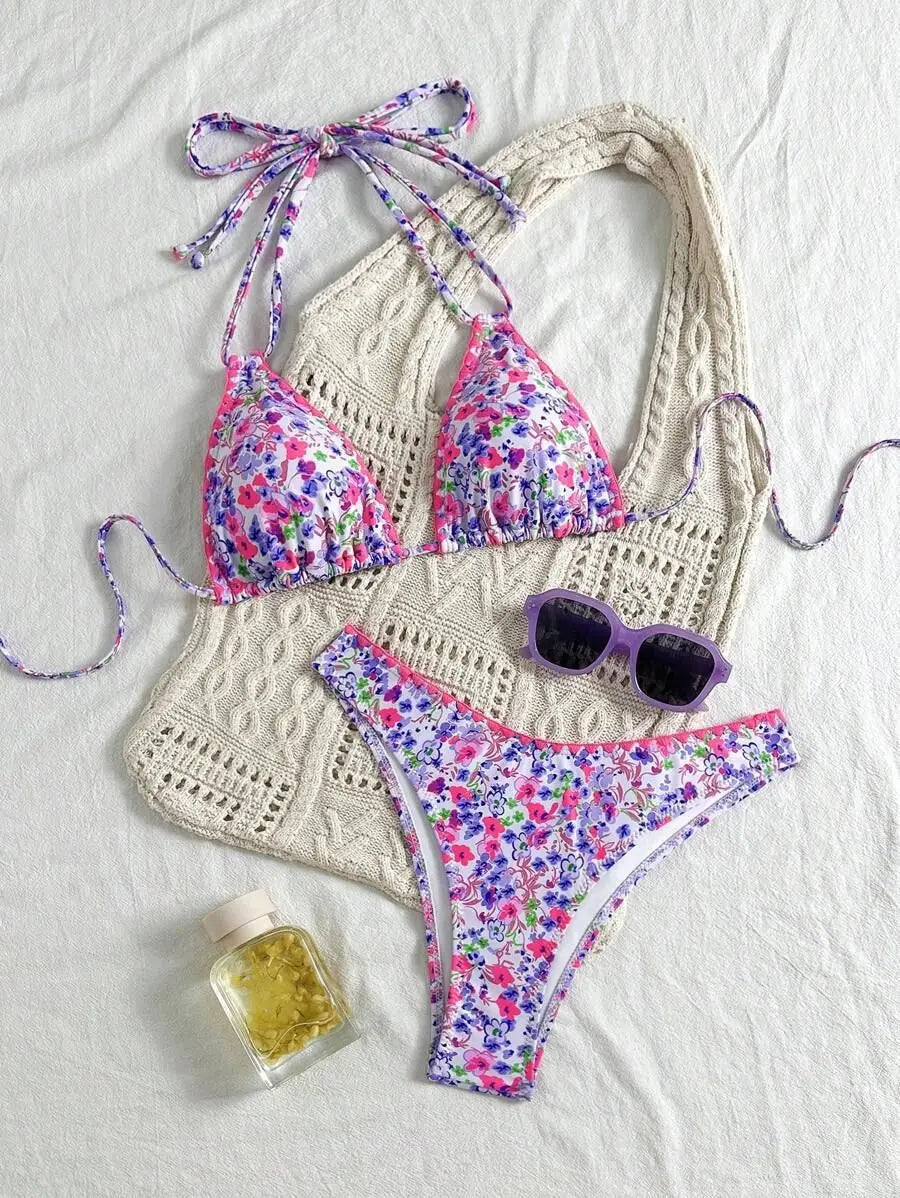 Pink Floral Print Bikini Set