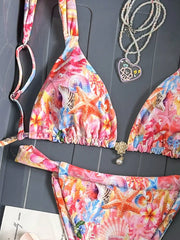 Pink Floral Starfish Print Bikini Set