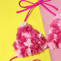 Pink Flower Swimwear Triangle Halter String Micro Bikini Thong Swimsuit Mesh Petal Bathing Suit Bikinis De Mujer