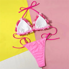 Pink Flower Swimwear Triangle Halter String Micro Bikini Thong Swimsuit Mesh Petal Bathing Suit Bikinis De Mujer