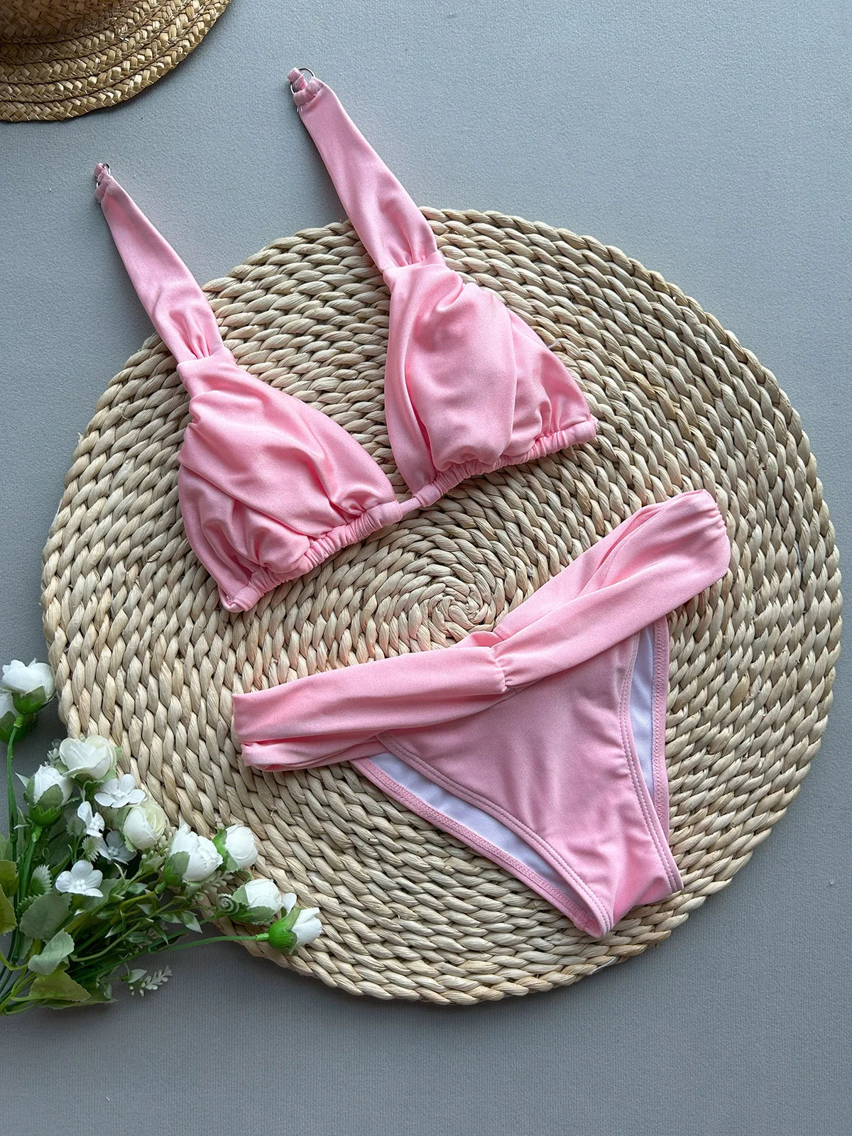 Pink Pleate High Waist Bikni Set