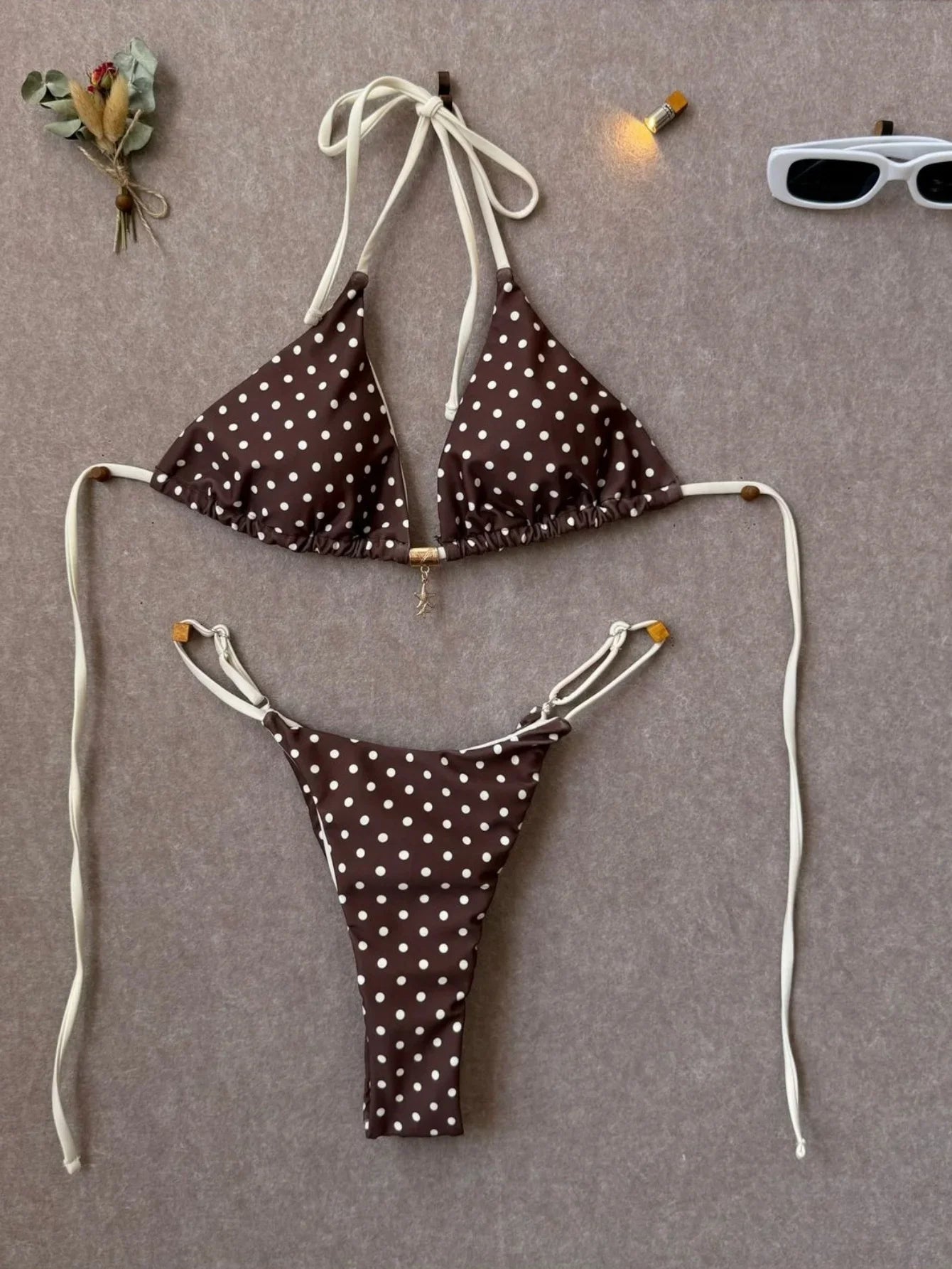 Pink Polka Dot Print Patchwork Micro Bikini Halter Push Up Bra Triangle Swimsuit Bathing Suit Swimwear
